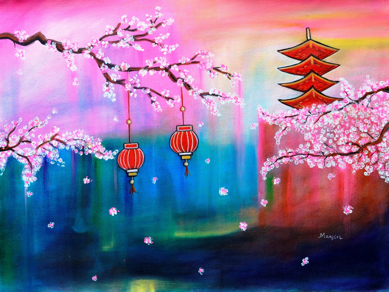 The Dreamy Cherry Blossom acrylic painting 벽에 걸린 예술 작품의 이미지