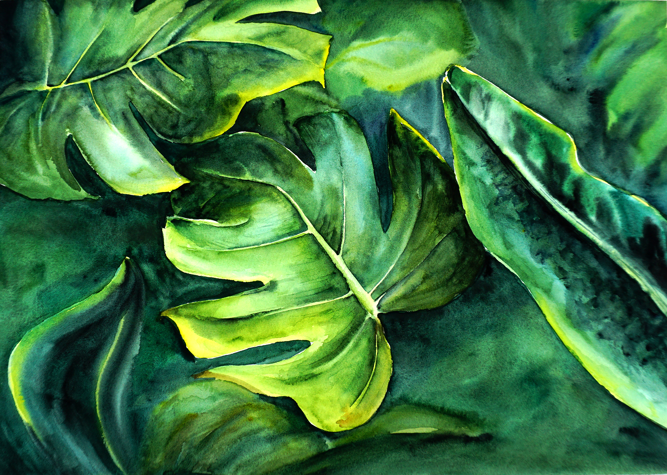 Original Watercolor Painting Exotic Palm Leaves - Tropical Art