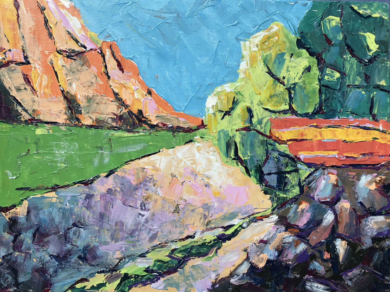 Sunset 16х12'' Abstract small impressionistic landscape acrylic Bright turquoise canvas gift home decor office decor Summer mountain coast beach sunse Image of your art work hanging on the wall