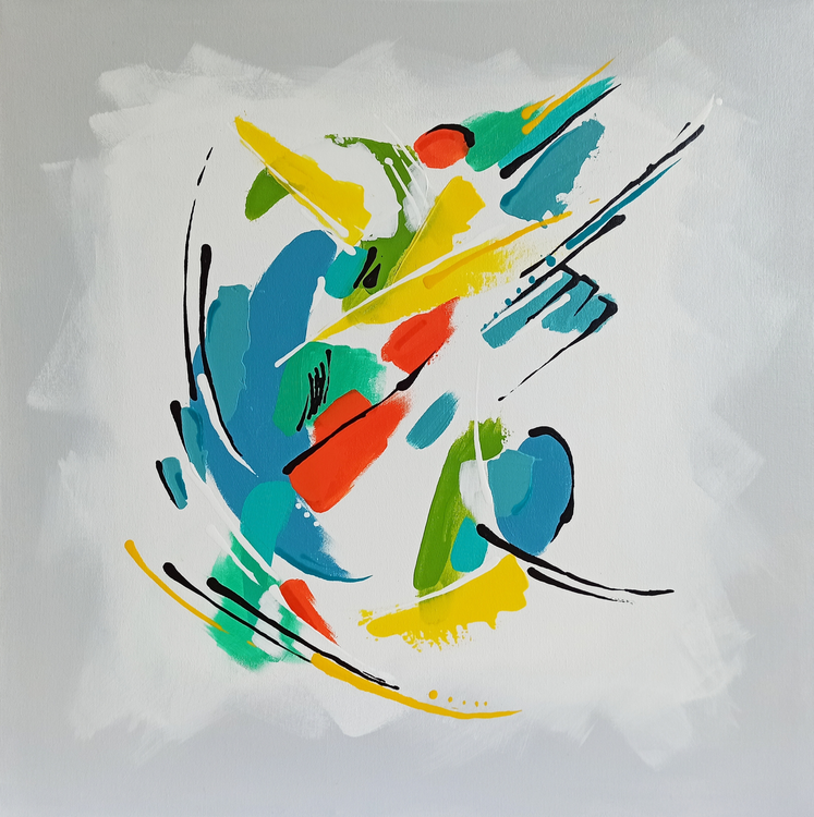 Abstract Lucky Sunday colorful original 3D impasto yellow blue painting Image of your art work hanging on the wall