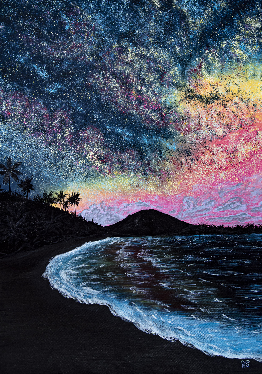 MULTICOLORED SKYSCAPE large canvas landscape, night, sea, bay, waves, palm trees, milky way, clouds, colorful Bild Ihres Kunstwerks an der Wand