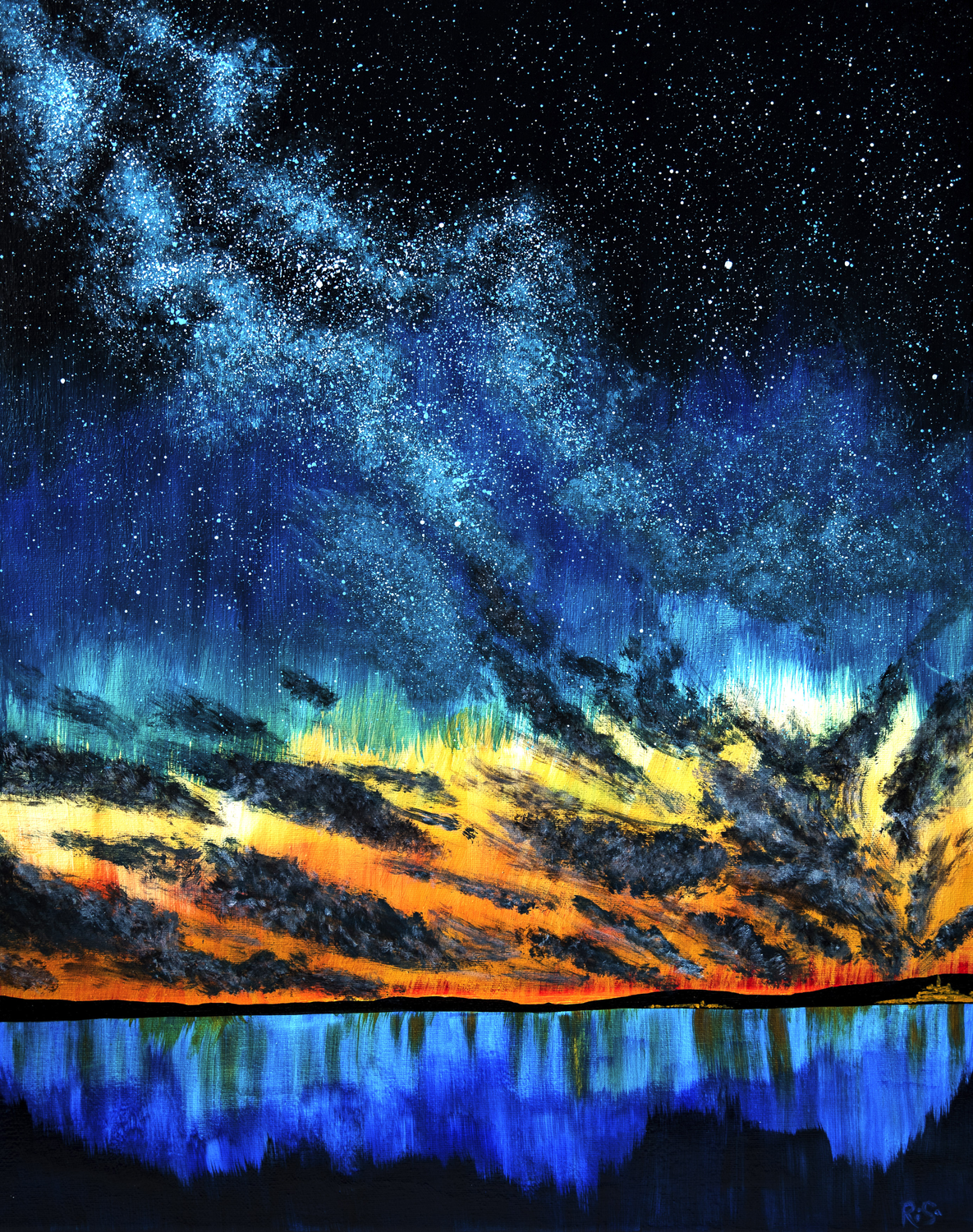 COLORFUL SUNSET small canvas seascape, night landscape, sea, sky, milky way galaxy, clouds, blue, yellow, sunset, mountains, horizon, space, zen art Image of your art work hanging on the wall
