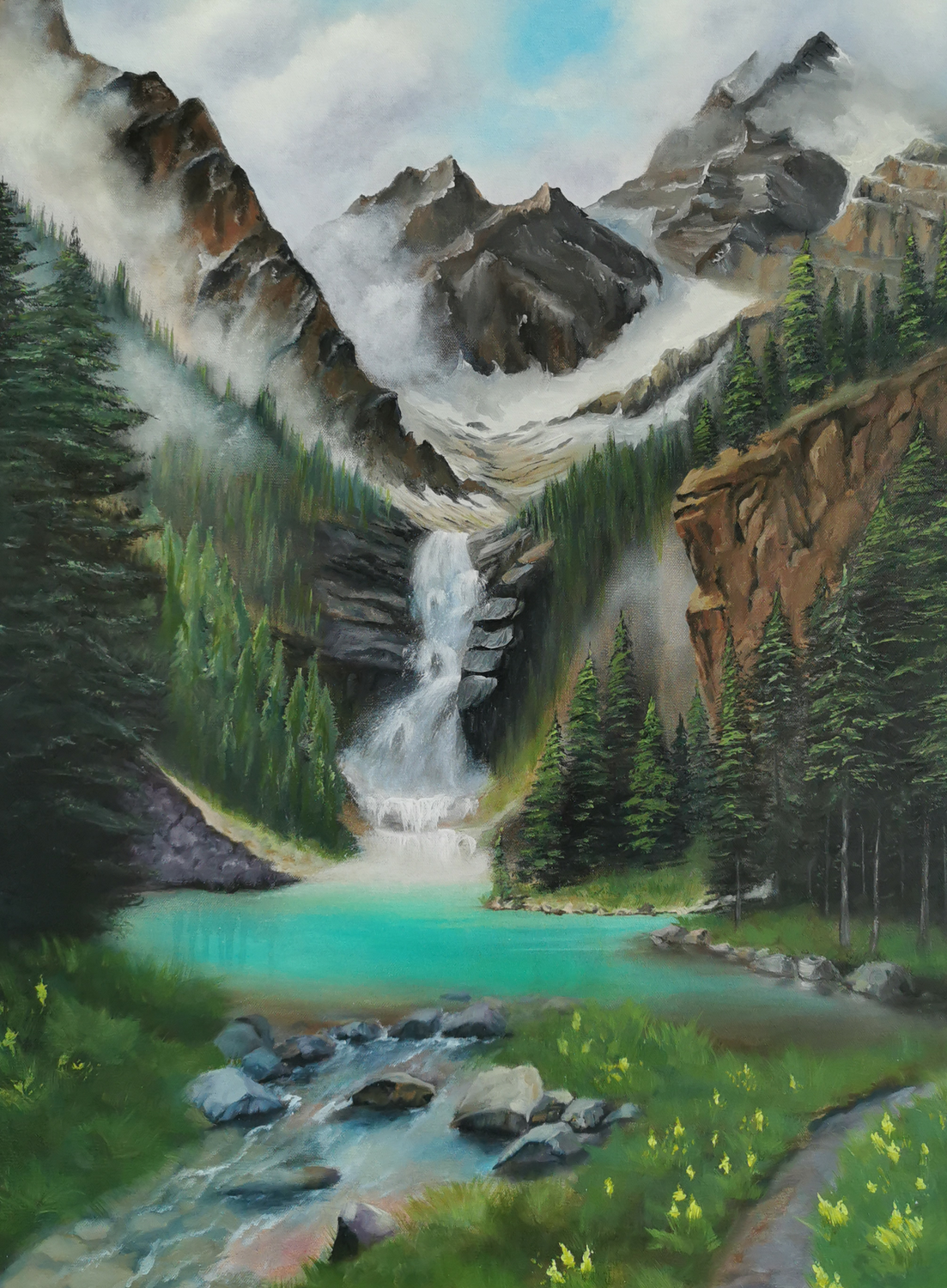 A large fine-art landscape painting of nature“, waterfall painitng, oil painting, painting for livingroom, mountains, lake, water, turquoise by Vera Hoi TRiCERA ART