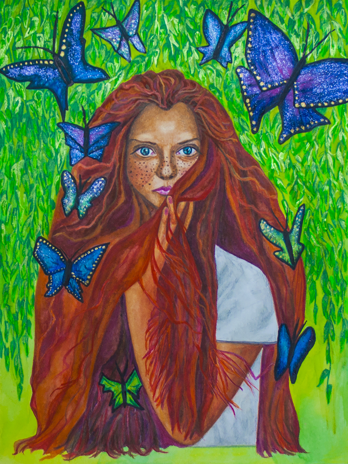 Redhead -original watercolour painting, woman's portrait, girl, red hair, butterflies, green garden, botany あなたの作品が壁にかかっているイメージ