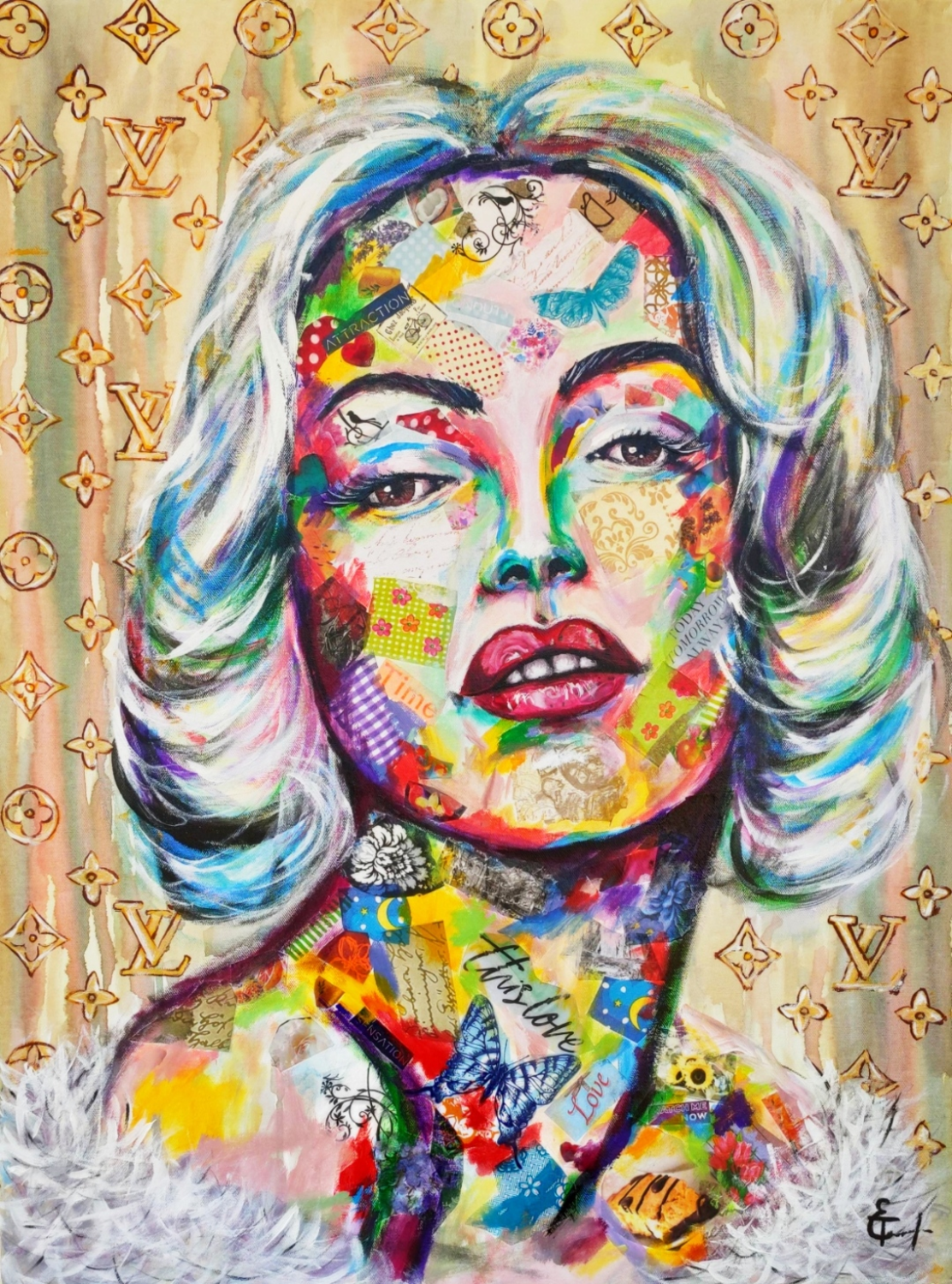 Marilyn Monroe Pop Art Celebrity Portrait Painting, Acrylic, Watercolor, Markers, Collage On Large Canvas, Cinema Star, Wall Art, Woman Body. By Татьяна Елистратова(Tatsiana Yelistratava) | Tricera Art
