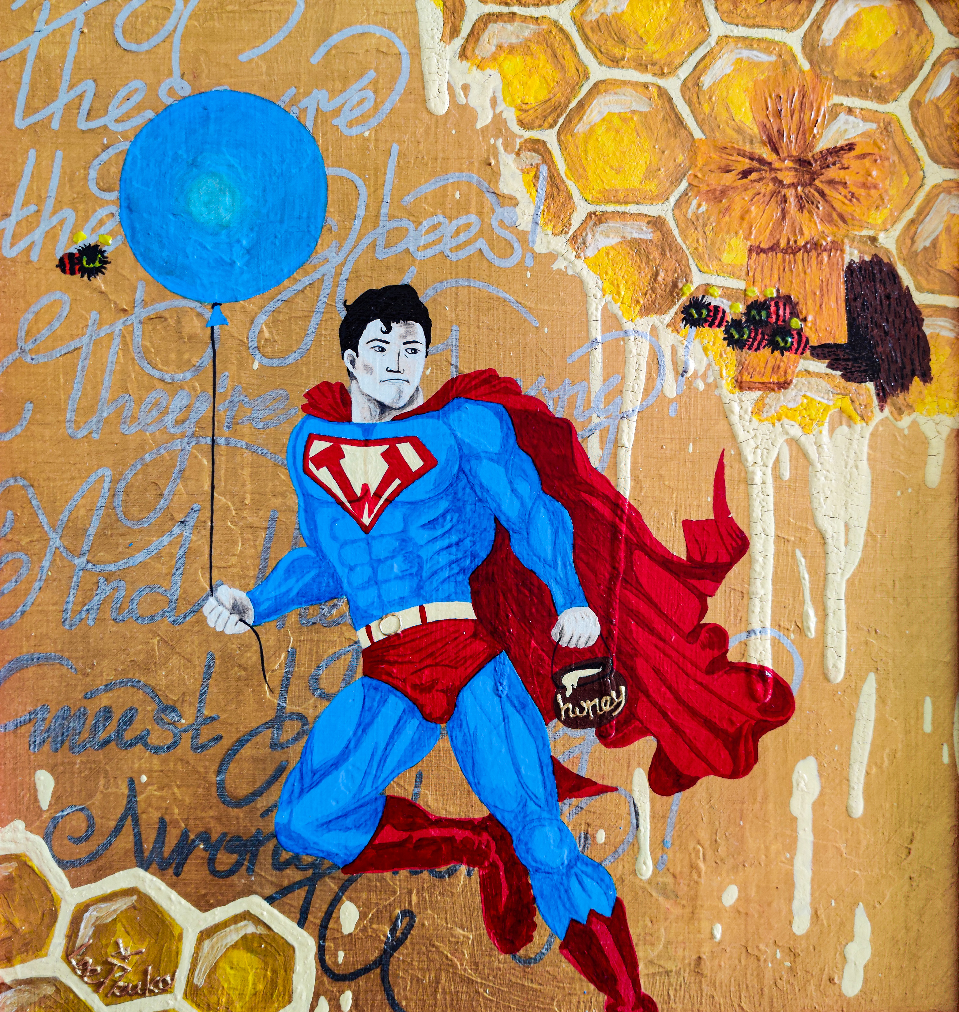 WinnieMan - superman, gold, yellow, silver, honey, abstract, calligraphy, fine  art, impressionism, illustration Painting by LeeTruka