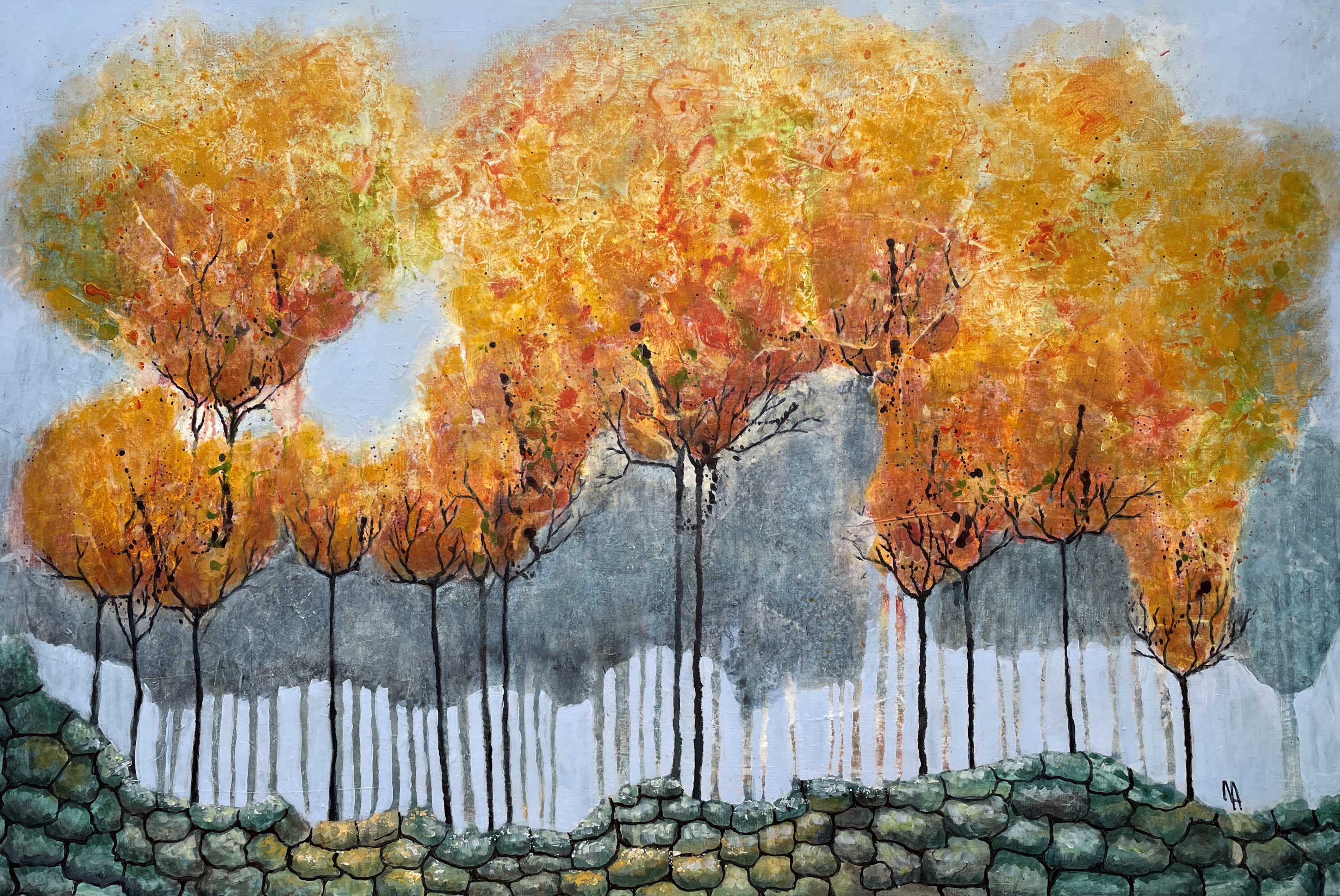 Golden Autumn. Abstract Canvas art. Professional acrylic paint