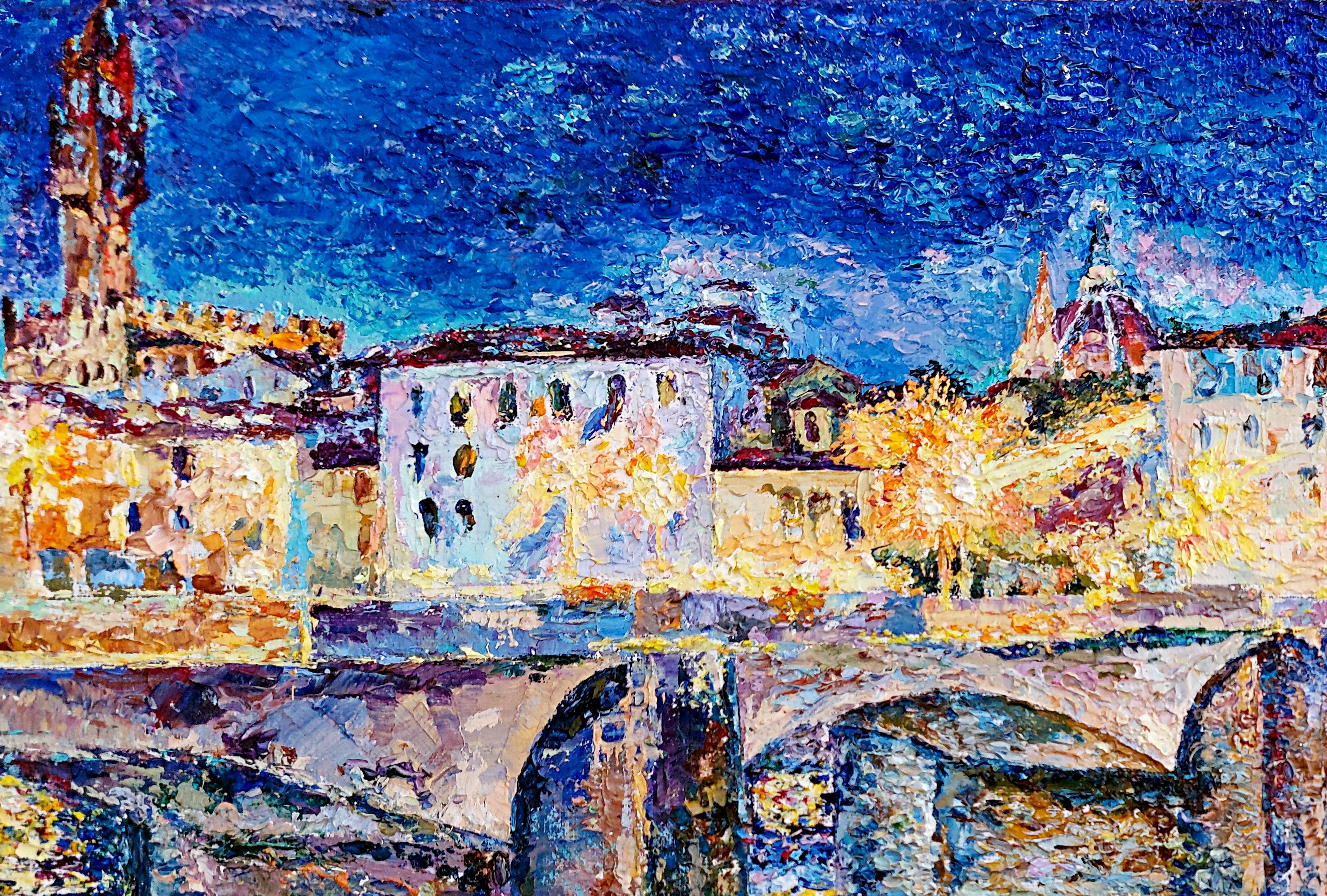 油彩画 アルノ川の夕ぐれ 壁掛け 絵画