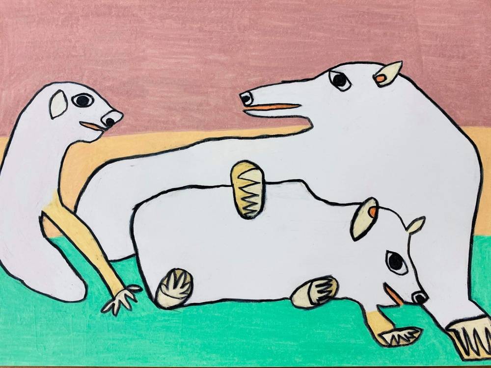 Three white bears (polar bears) resting on an ice floe Image of your art work hanging on the wall