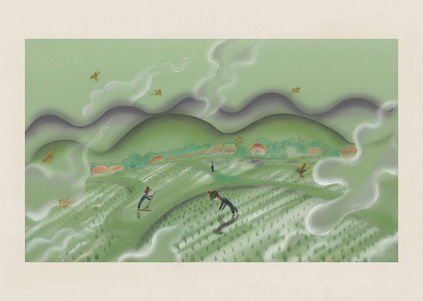 (From the picture book "My Grandpa") Scenes from the rice paddies Image of your art work hanging on the wall