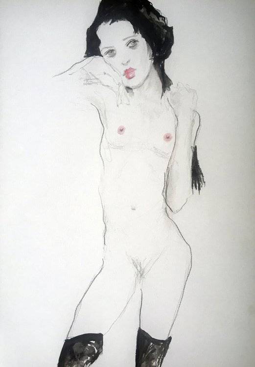 My version of Egon Schiele's girl with black hair Image of your art work hanging on the wall