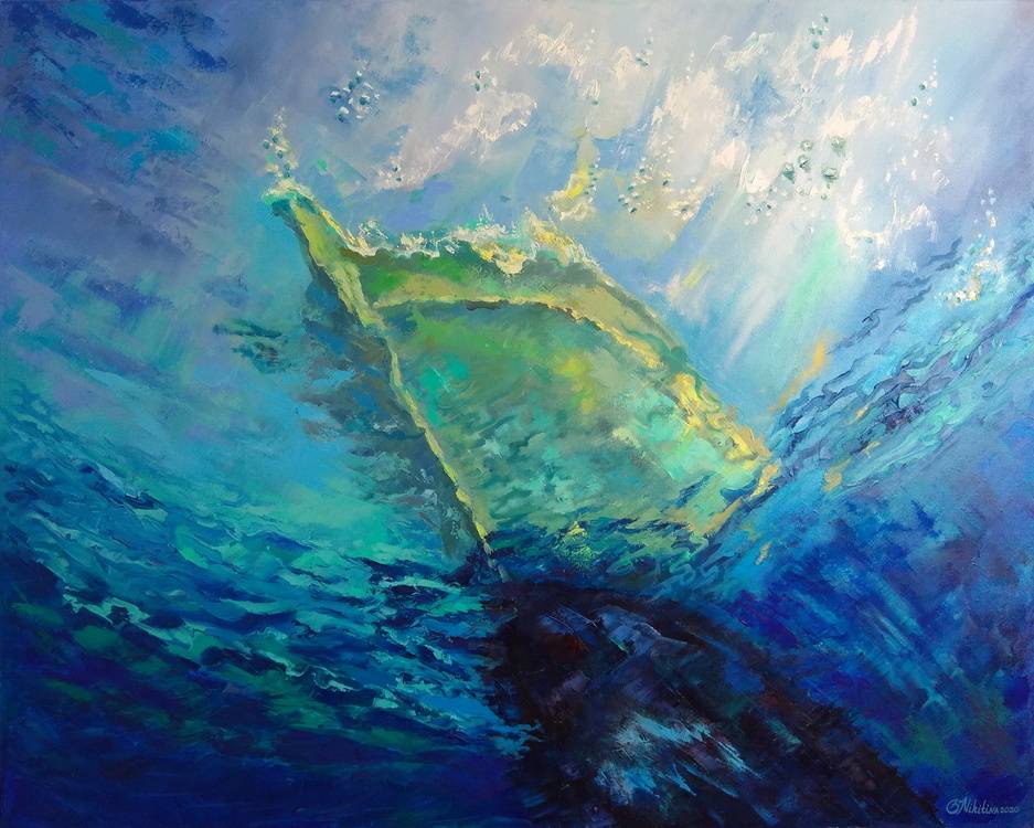 Boat. Underwater view. Bild Ihres Kunstwerks an der Wand