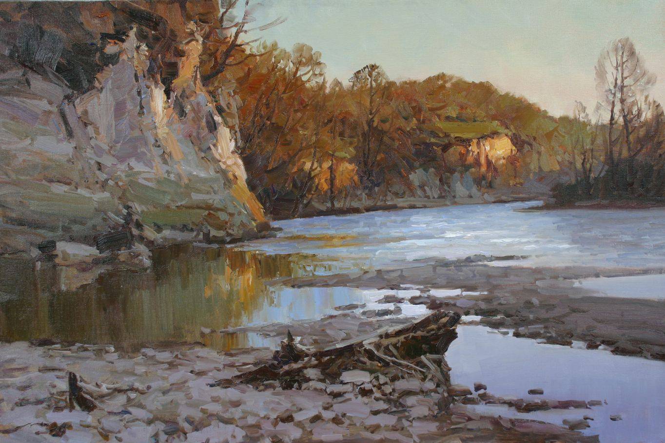 Spring, the river Zelenchuk. Image of your art work hanging on the wall